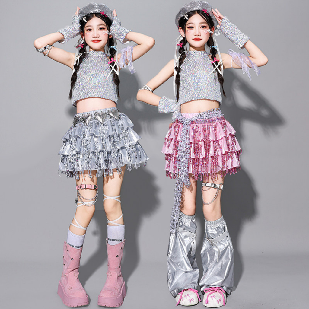 GIRLS ピンクシルバー スパンコールフリルセットアップ キッズダンス衣装