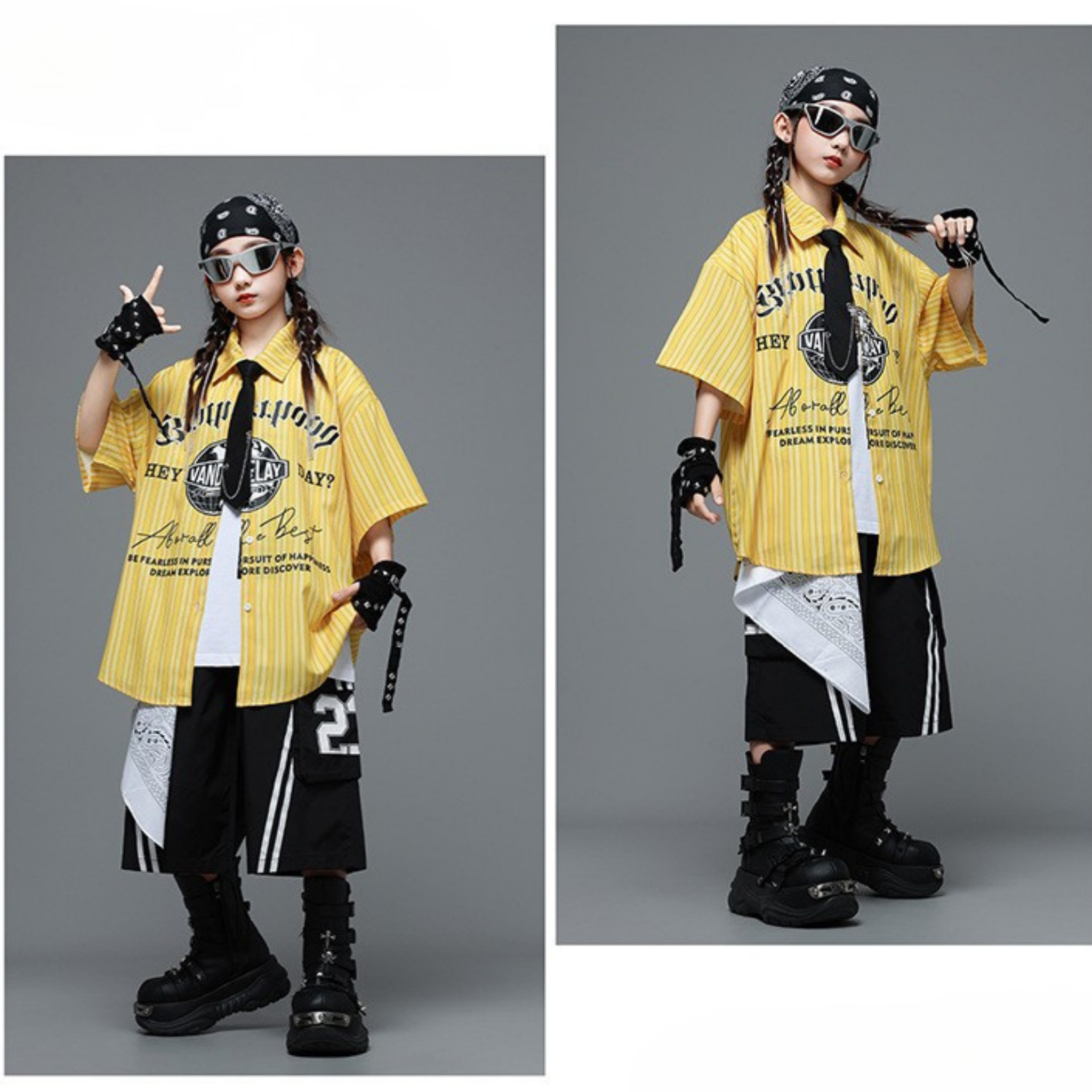 HIPHOP イエローストライプ ハーフパンツセットアップ キッズダンス衣装
