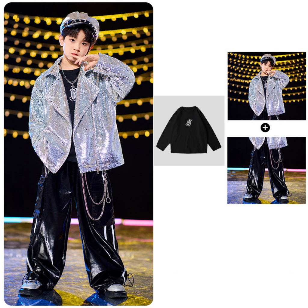 STREET シルバースパンコール ブラックセットアップ キッズダンス衣装