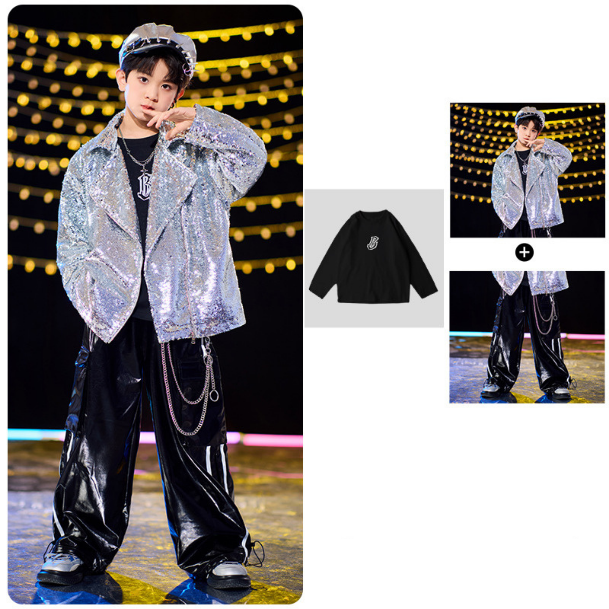 STREET シルバースパンコール ブラックセットアップ キッズダンス衣装