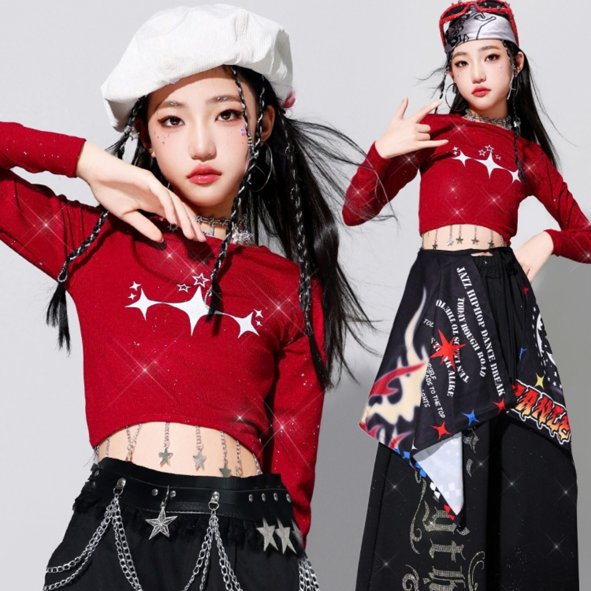 HIPHOP レッドクロップトップ グラフィックワイドパンツ セットアップ 商品画像5