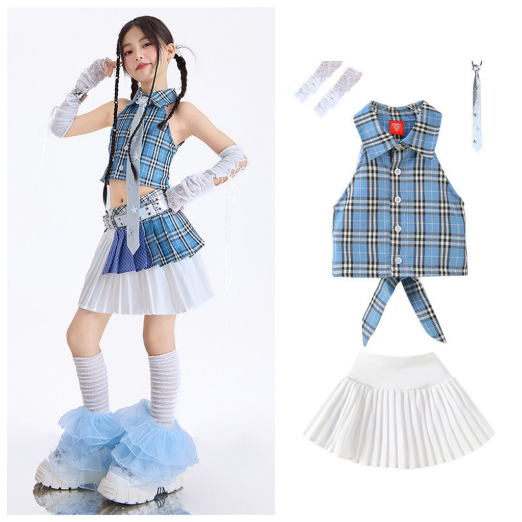 GIRLS ブルーチェック プリーツスカートセットアップ キッズダンス衣装