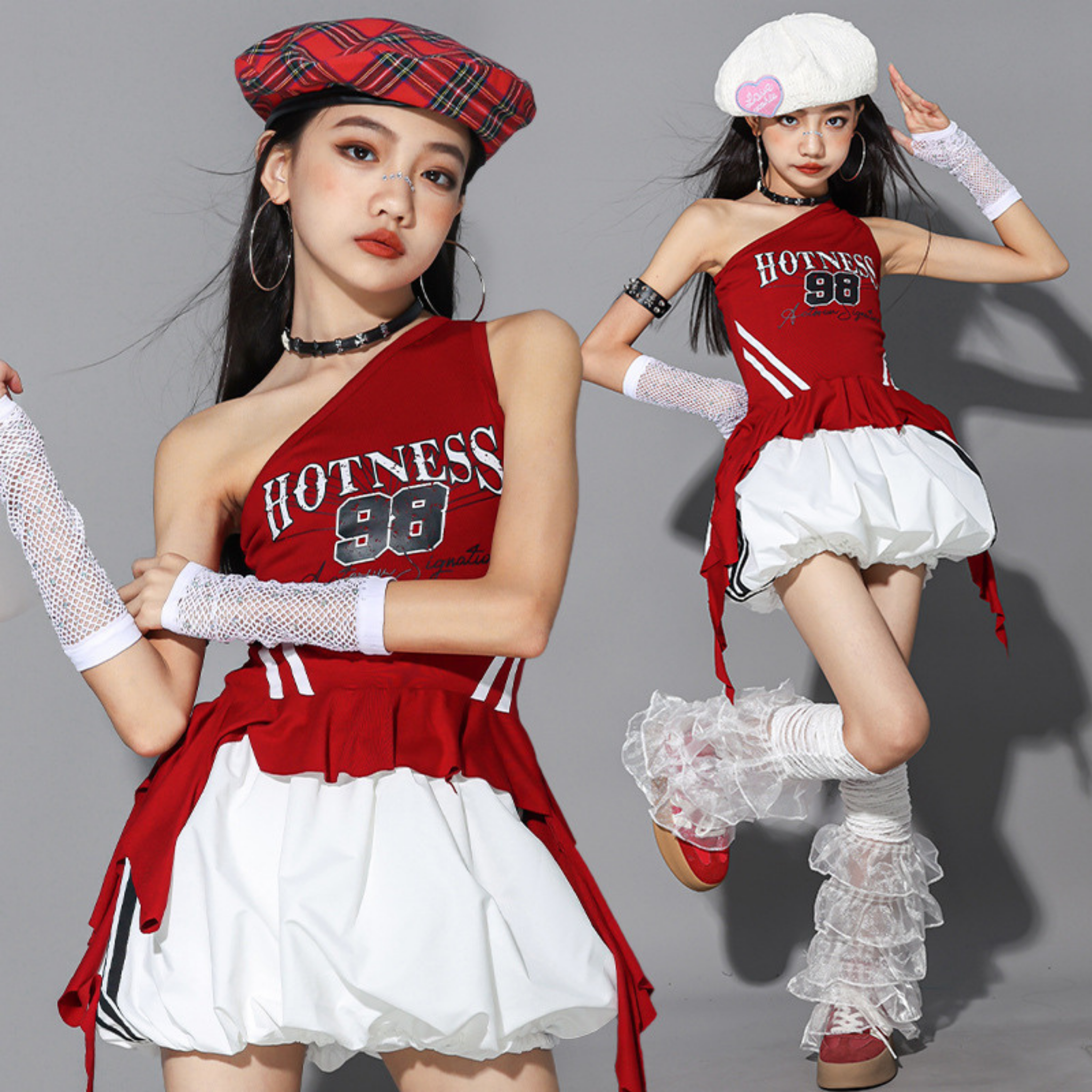 GIRLS レッドワンショルダー バルーンパンツセットアップ キッズダンス衣装