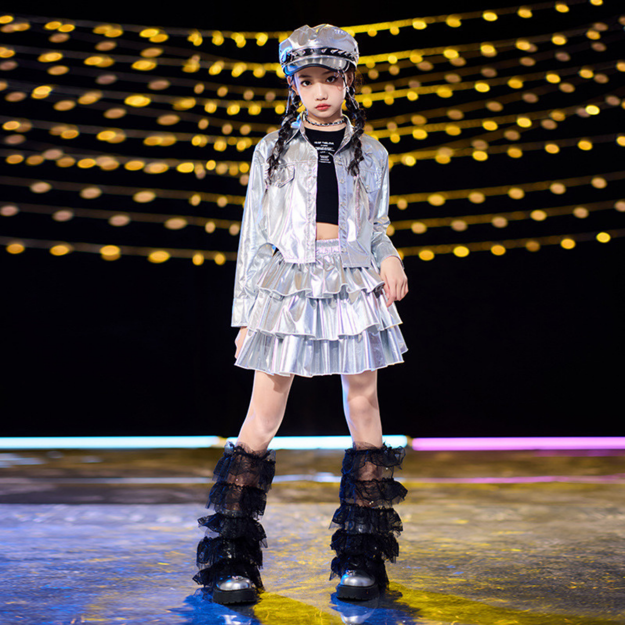 K-POP メタリックシルバー プリーツスカートセットアップ キッズダンス衣装