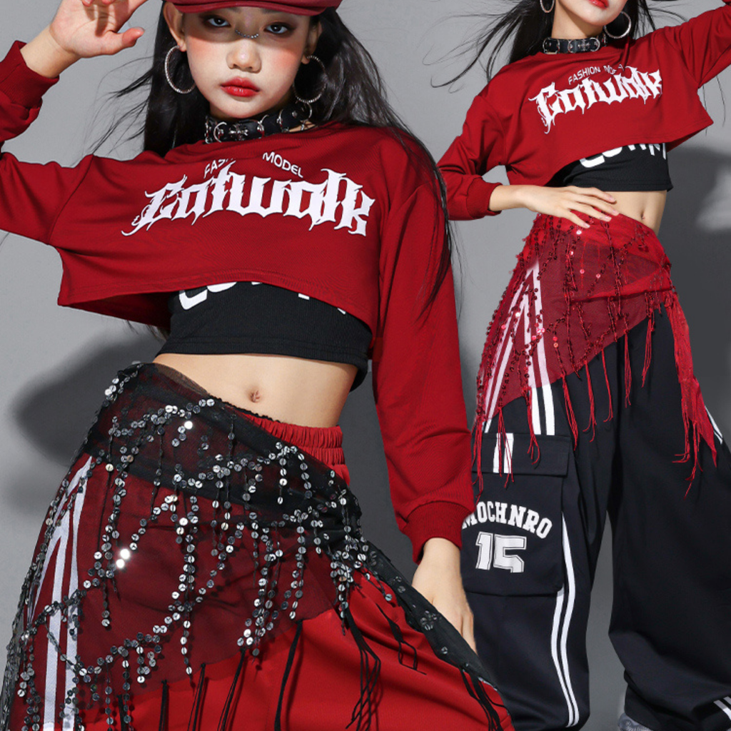 HIPHOP レッドブラック カーゴパンツセットアップ キッズダンス衣装