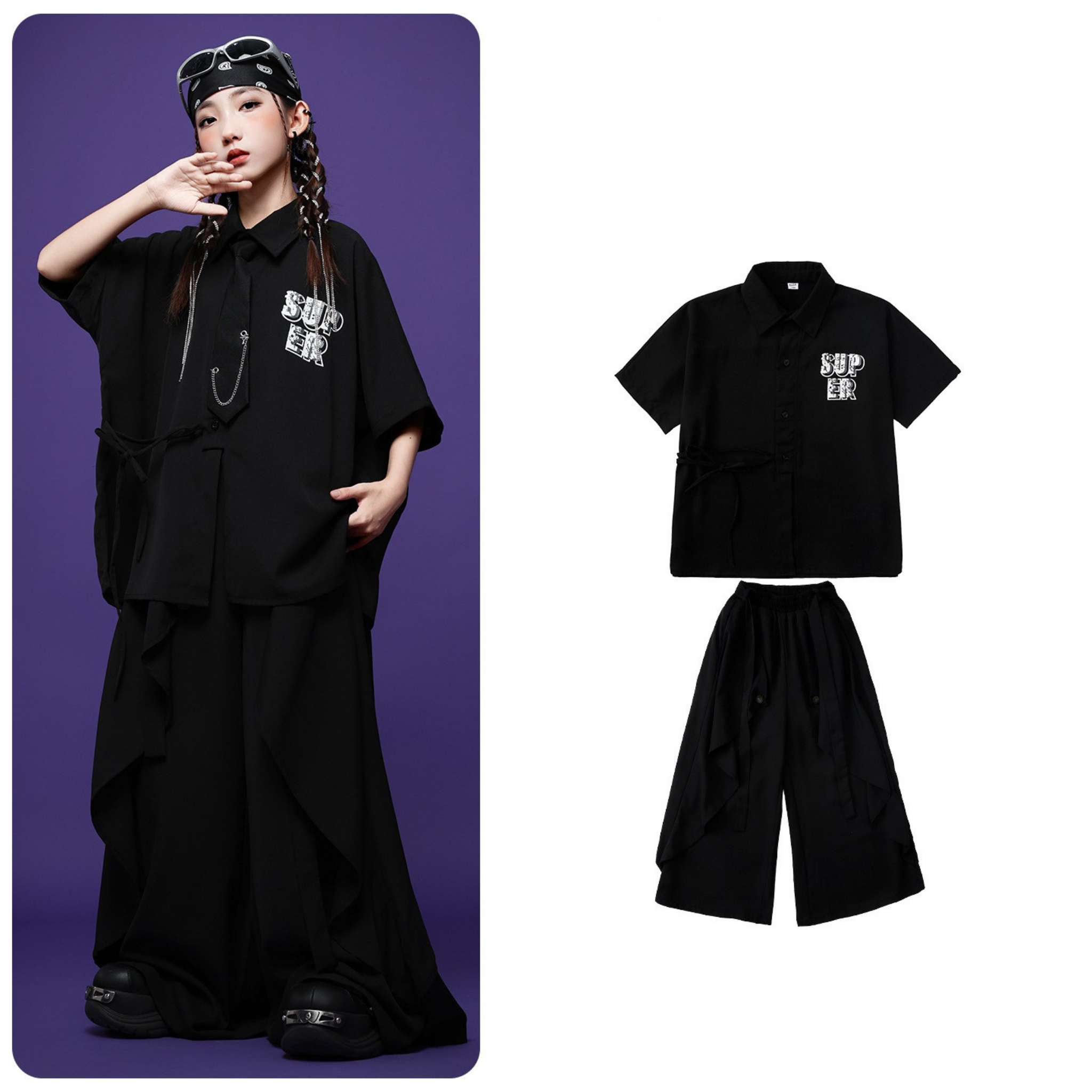 HIPHOP ブラックチャイナボタン ワイドパンツセットアップ キッズダンス衣装