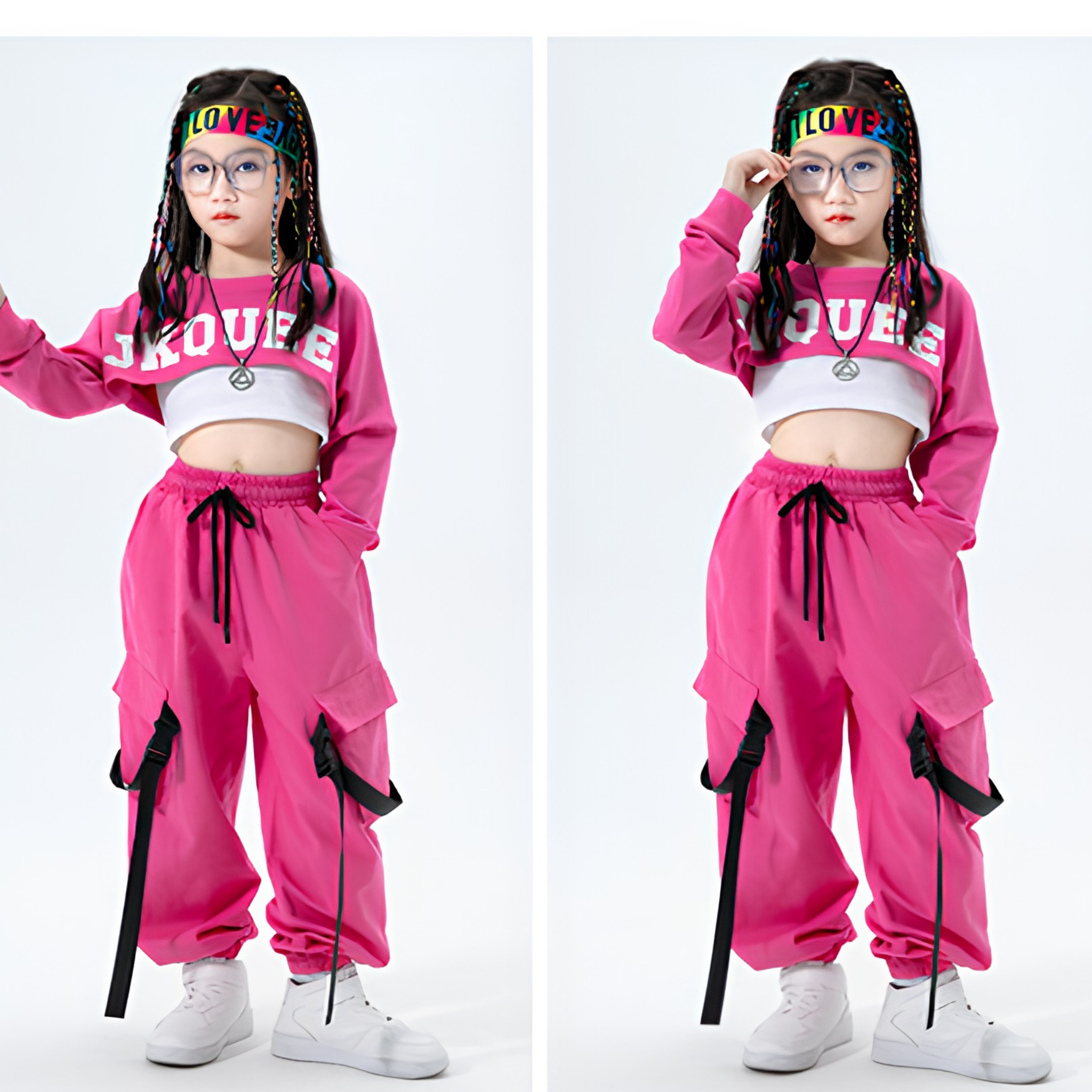 GIRLS ビビッドピンク カーゴセットアップ キッズダンス衣装