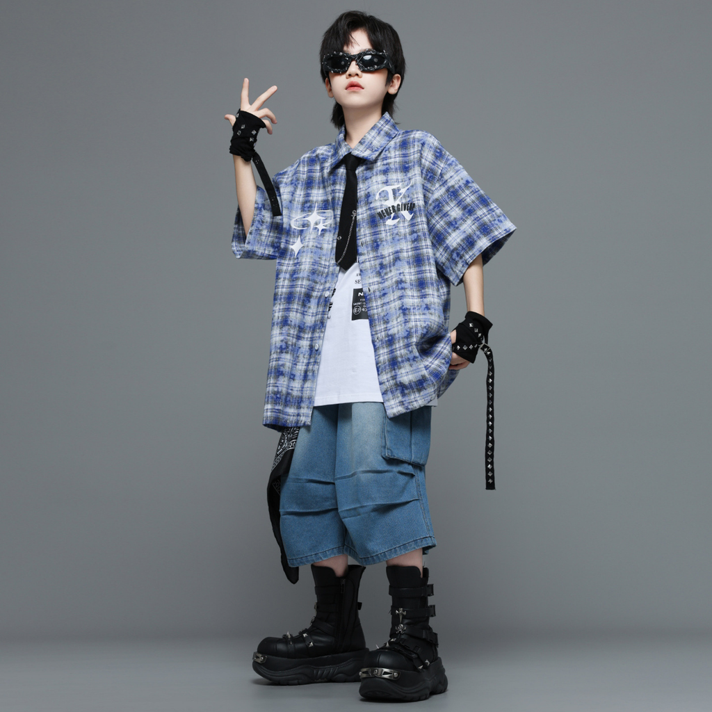 HIPHOP チェックシャツ デニムハーフパンツセットアップ キッズダンス衣装