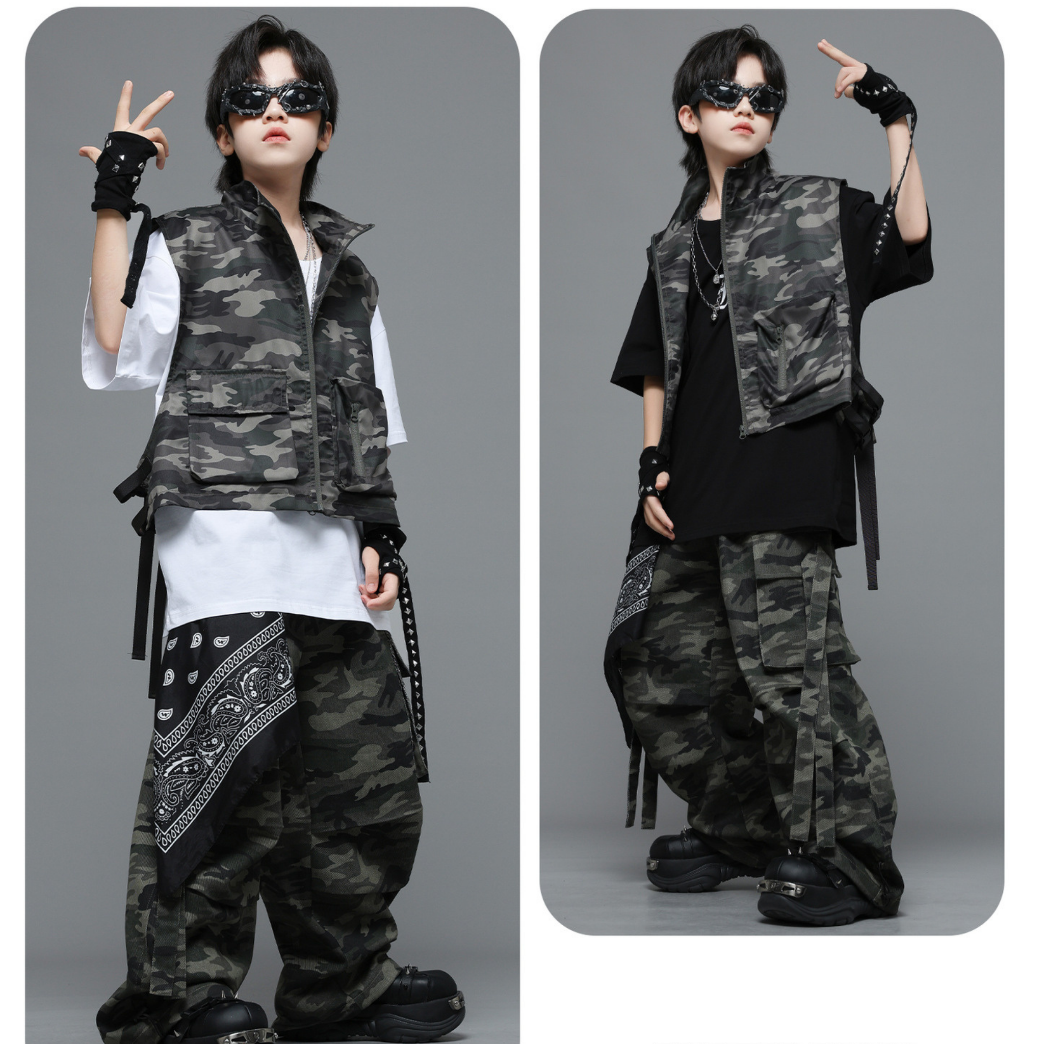 HIPHOP カモフラージュ ワイドパンツセットアップ キッズダンス衣装