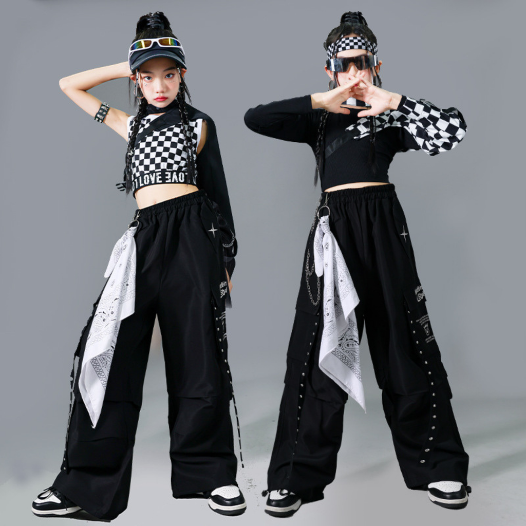 HIPHOP チェッカーブラック カーゴセットアップ キッズダンス衣装