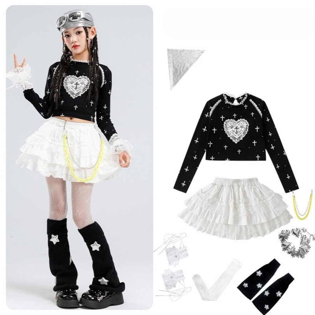 GIRLS ブラックハート ホワイトティアードスカートセットアップ キッズダンス衣装 商品画像2