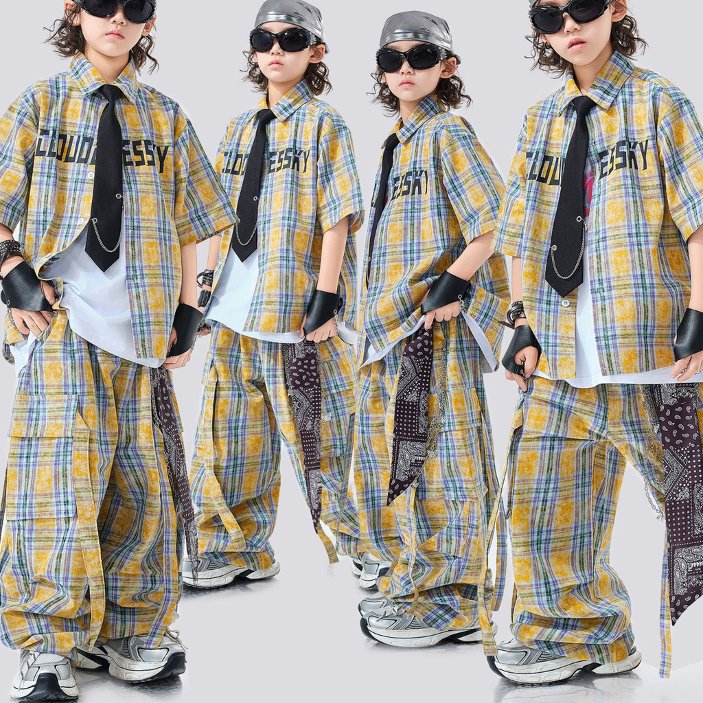 STREET イエローチェック ワイドパンツセットアップ キッズダンス衣装