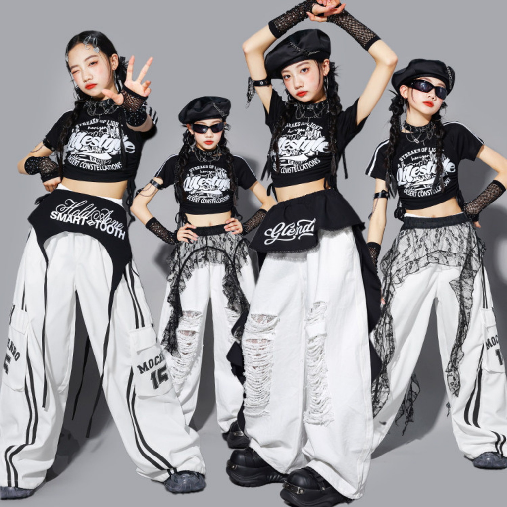 HIPHOP ブラックロゴ ホワイトワイドパンツセットアップ キッズダンス衣装