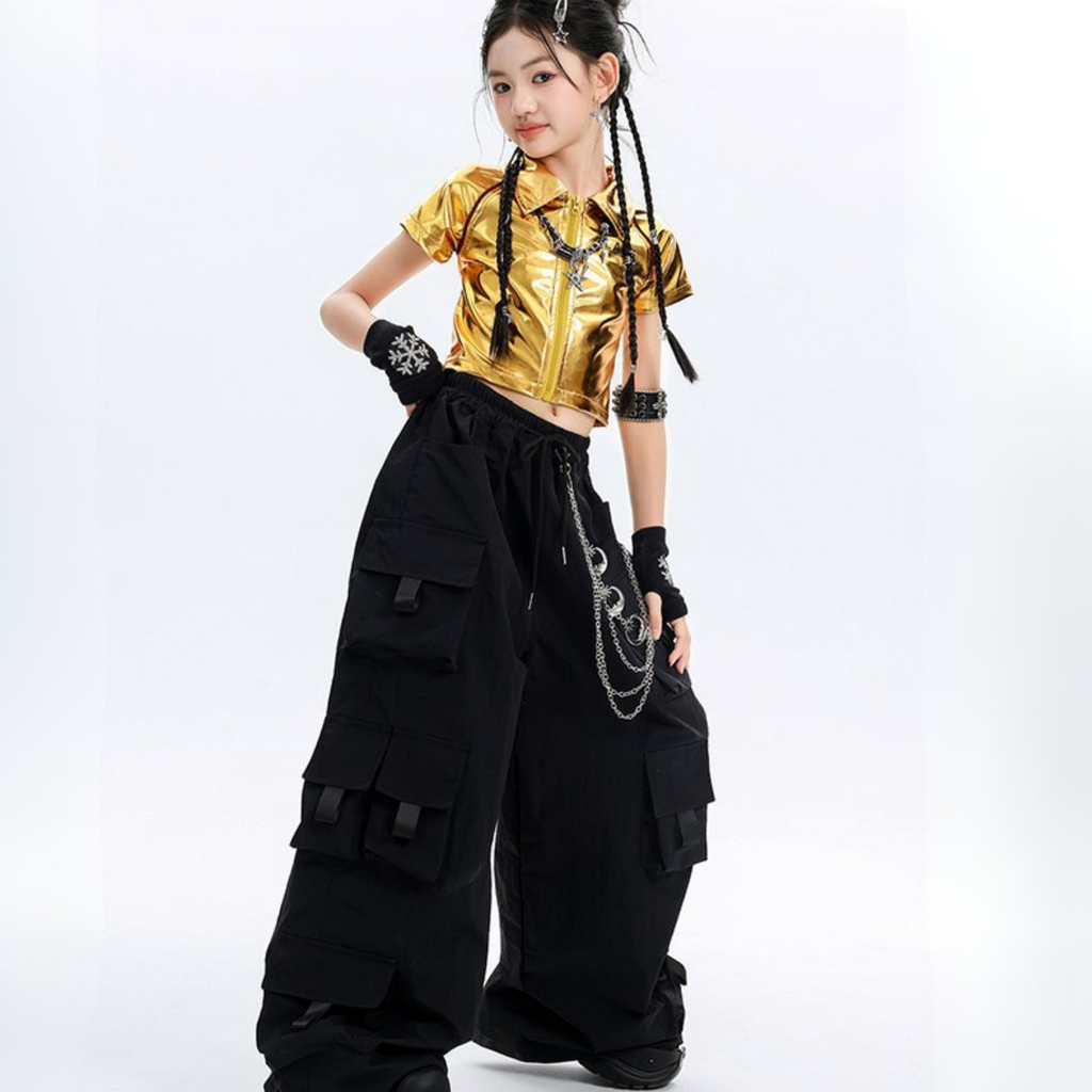 HIPHOP ゴールドメタリック カーゴセットアップ キッズダンス衣装