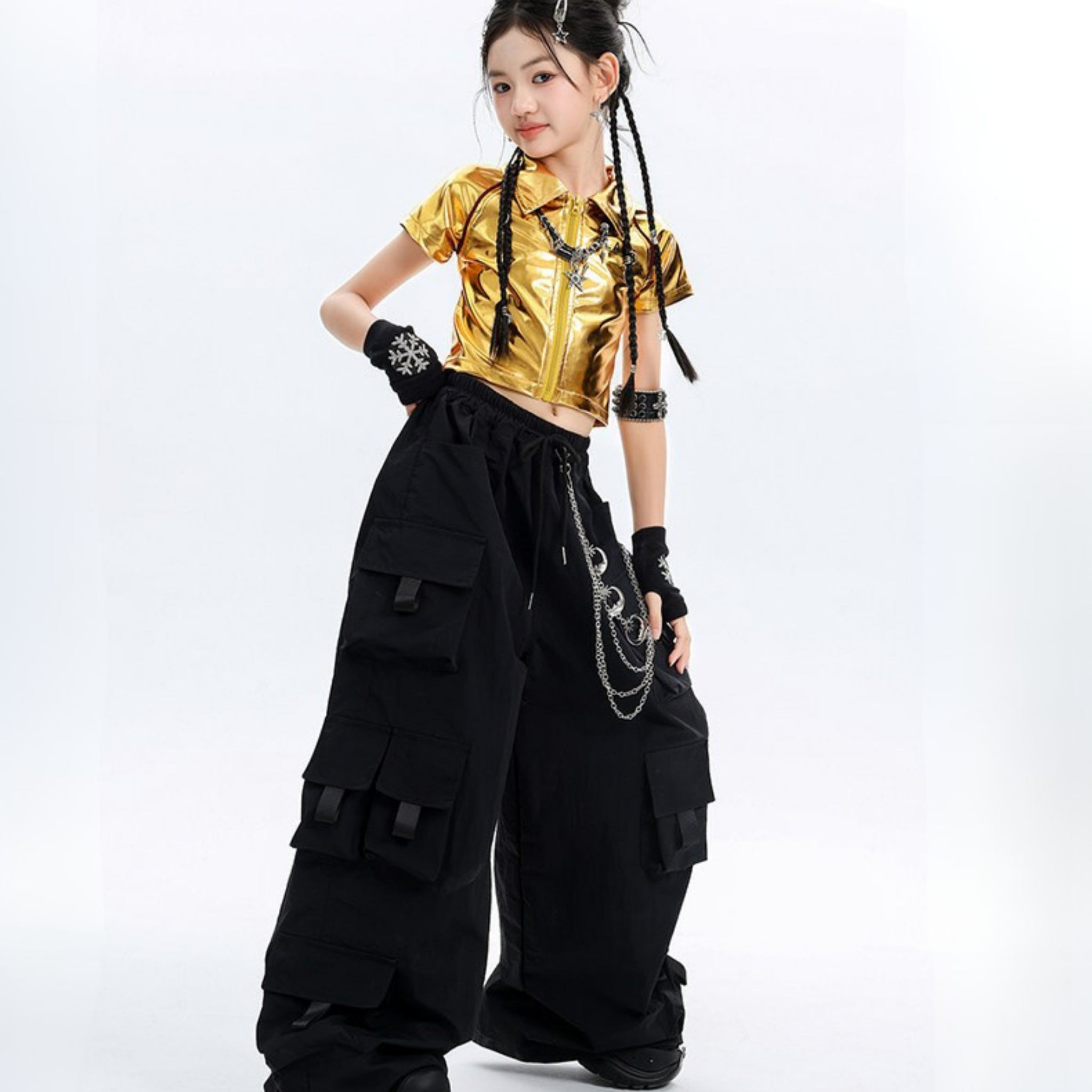HIPHOP ゴールドメタリック カーゴセットアップ キッズダンス衣装