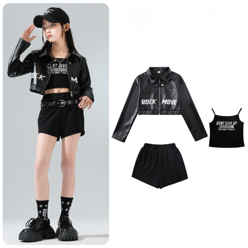 GIRLS ブラックレザーライク ショートパンツセットアップ キッズダンス衣装