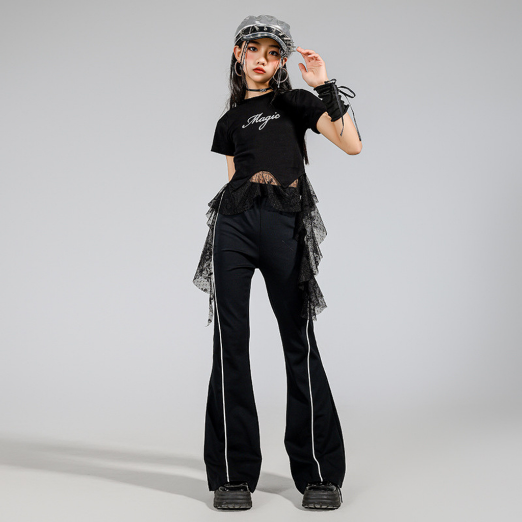 K-POP ブラックドットチュール フレアパンツセットアップ キッズダンス衣装