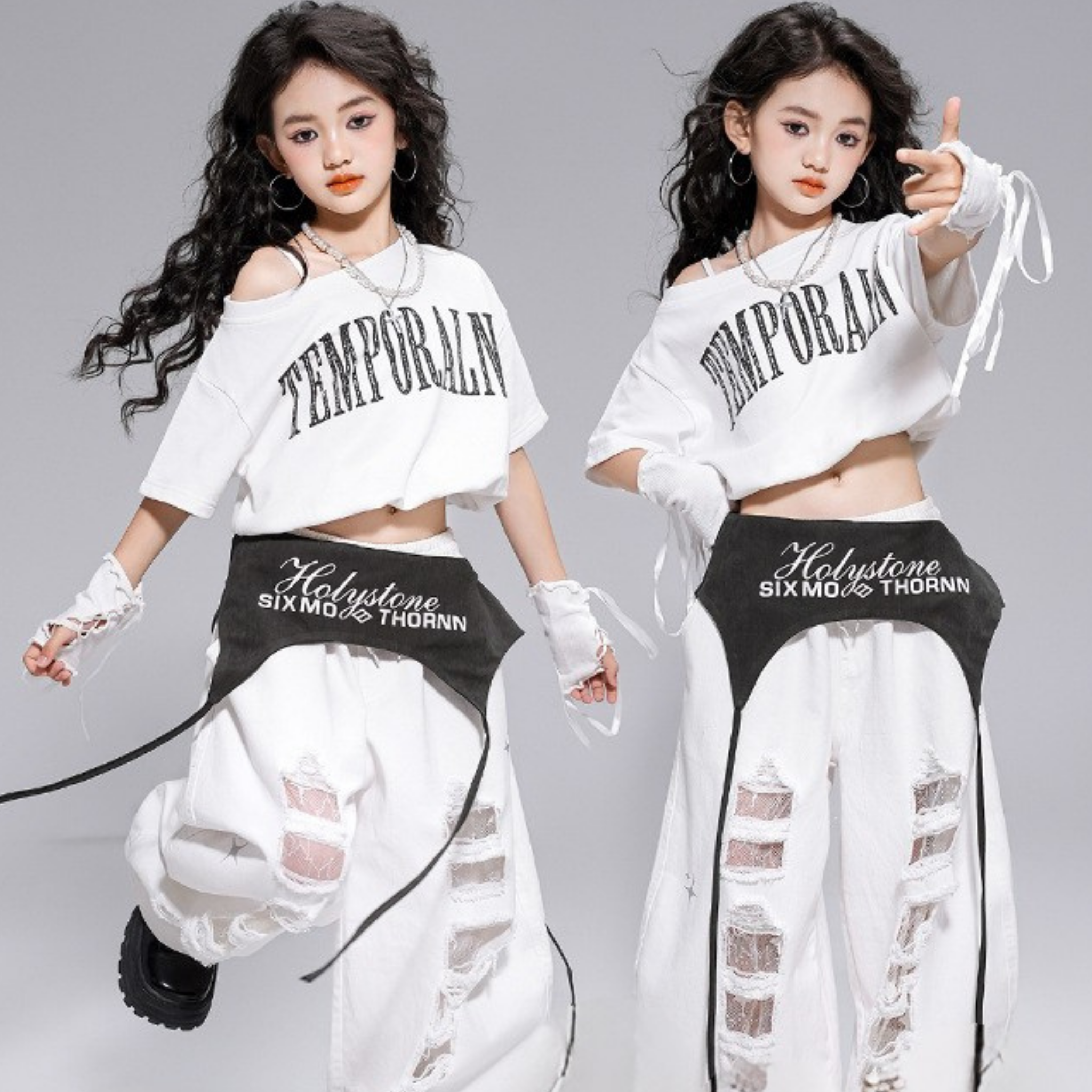 HIPHOP ホワイトダメージ ワイドパンツセットアップ キッズダンス衣装