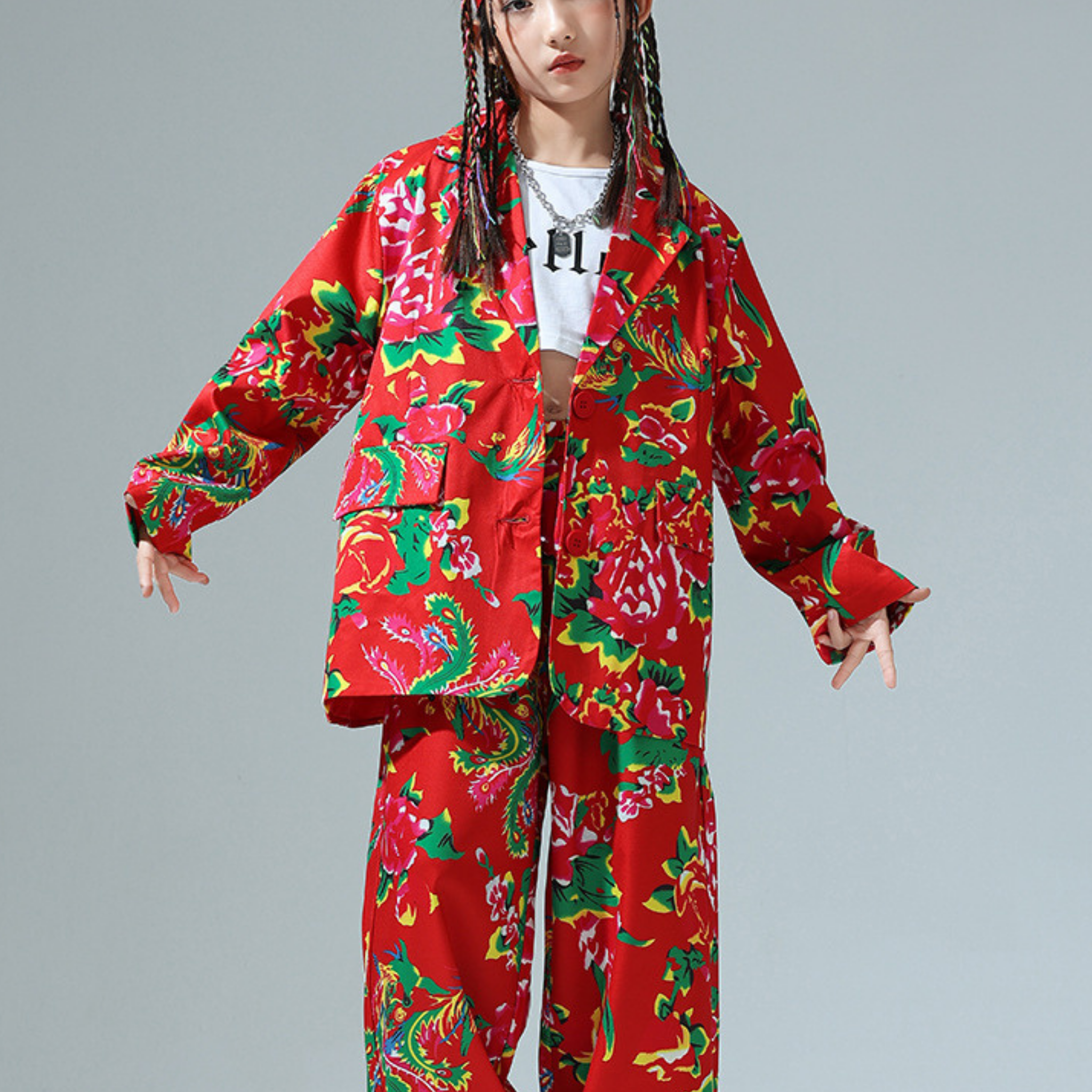 HIPHOP レッドフラワー セットアップ キッズダンス衣装