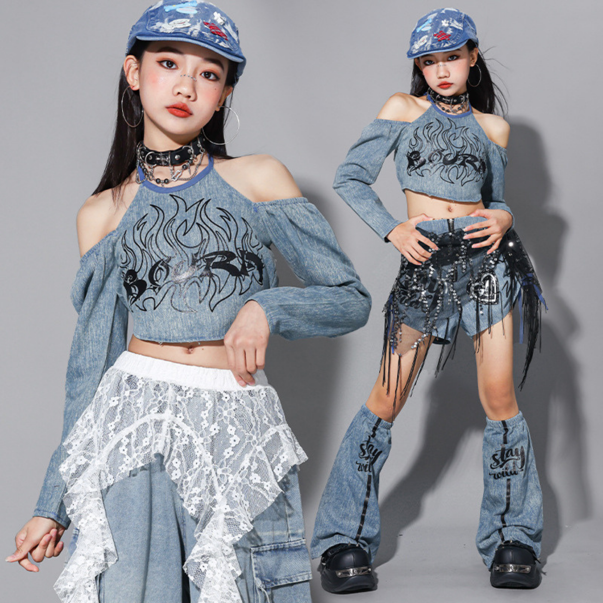 HIPHOP デニムグラフィック セットアップ キッズダンス衣装