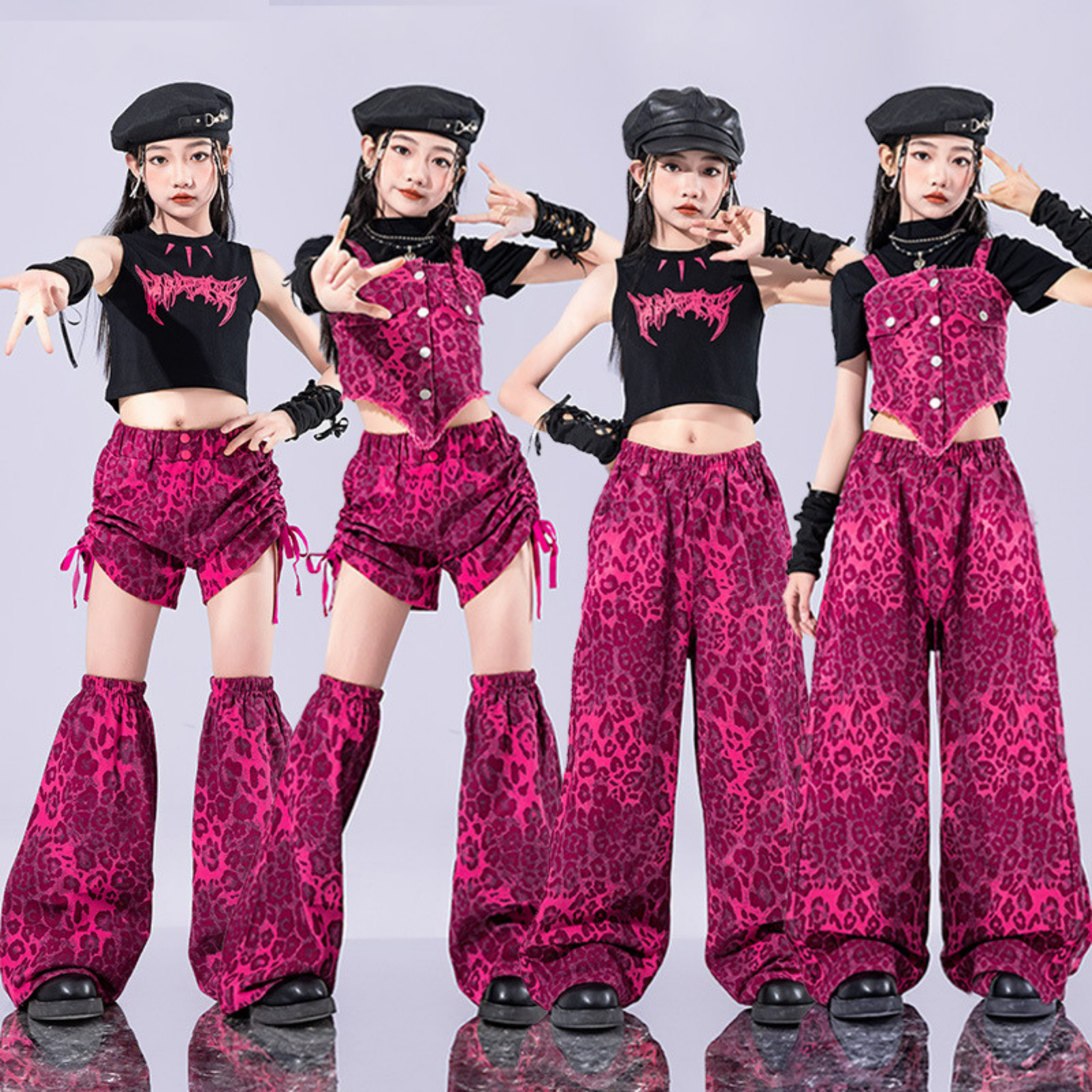 GIRLS ピンクレオパード ステージセットアップ キッズダンス衣装