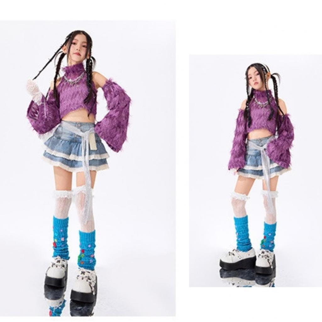 GIRLS パープルシャギー デニムフリルセットアップ キッズダンス衣装 イメージ