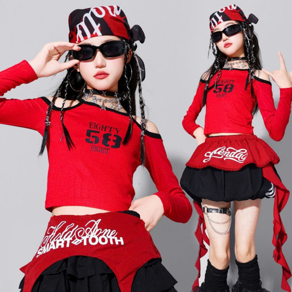 GIRLS レッド58グラフィック ティアードスカートセットアップ キッズダンス衣装｜商品イメージ7｜RAQS LUMINA