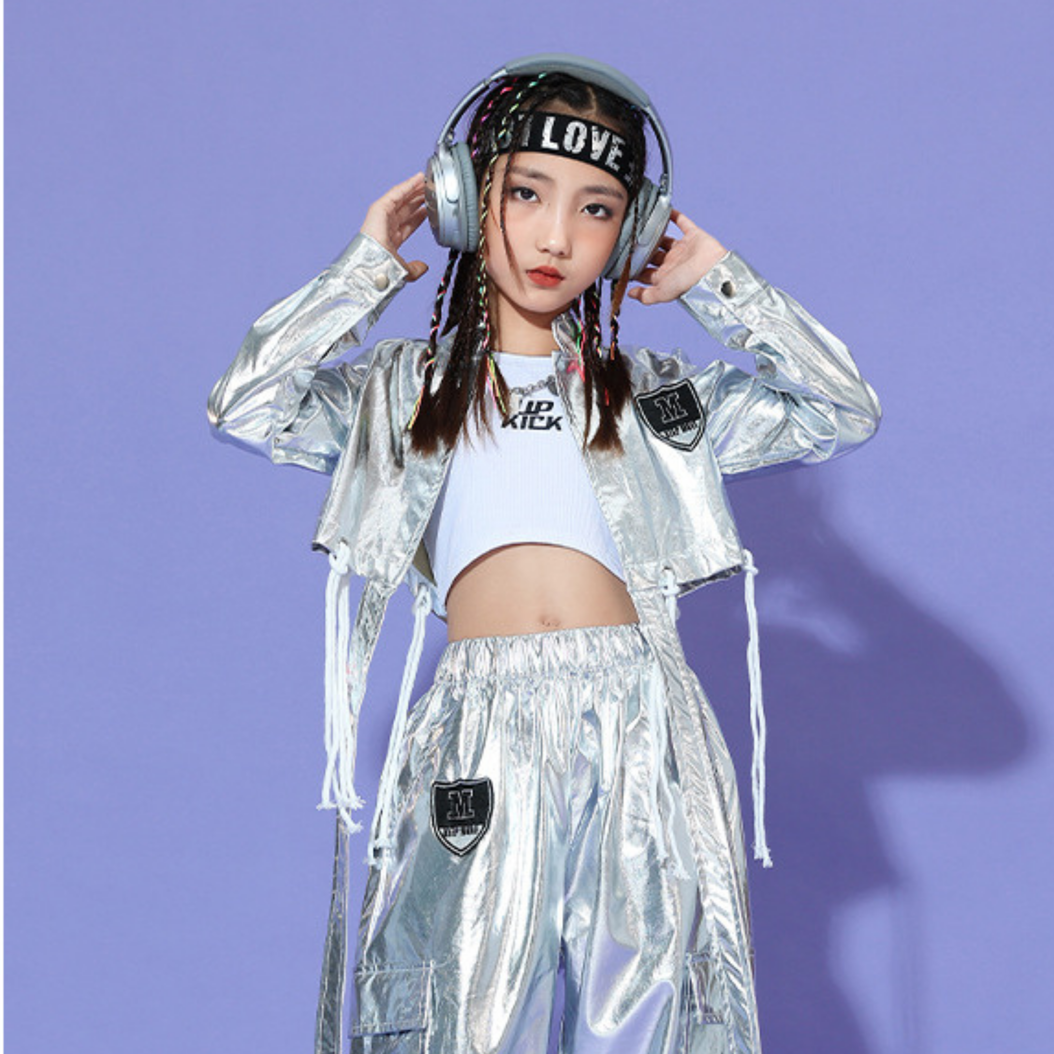 HIPHOP メタリックシルバー カーゴセットアップ キッズダンス衣装