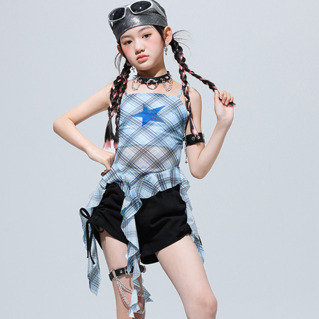 GIRLS ブルーチェック フリルショートパンツセットアップ キッズダンス衣装 商品画像7
