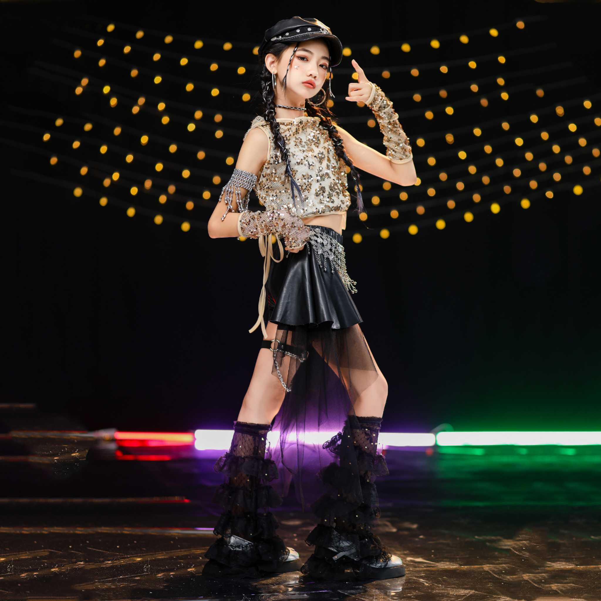 K-POP ゴールドスパンコール スカートパンツセットアップ キッズダンス衣装