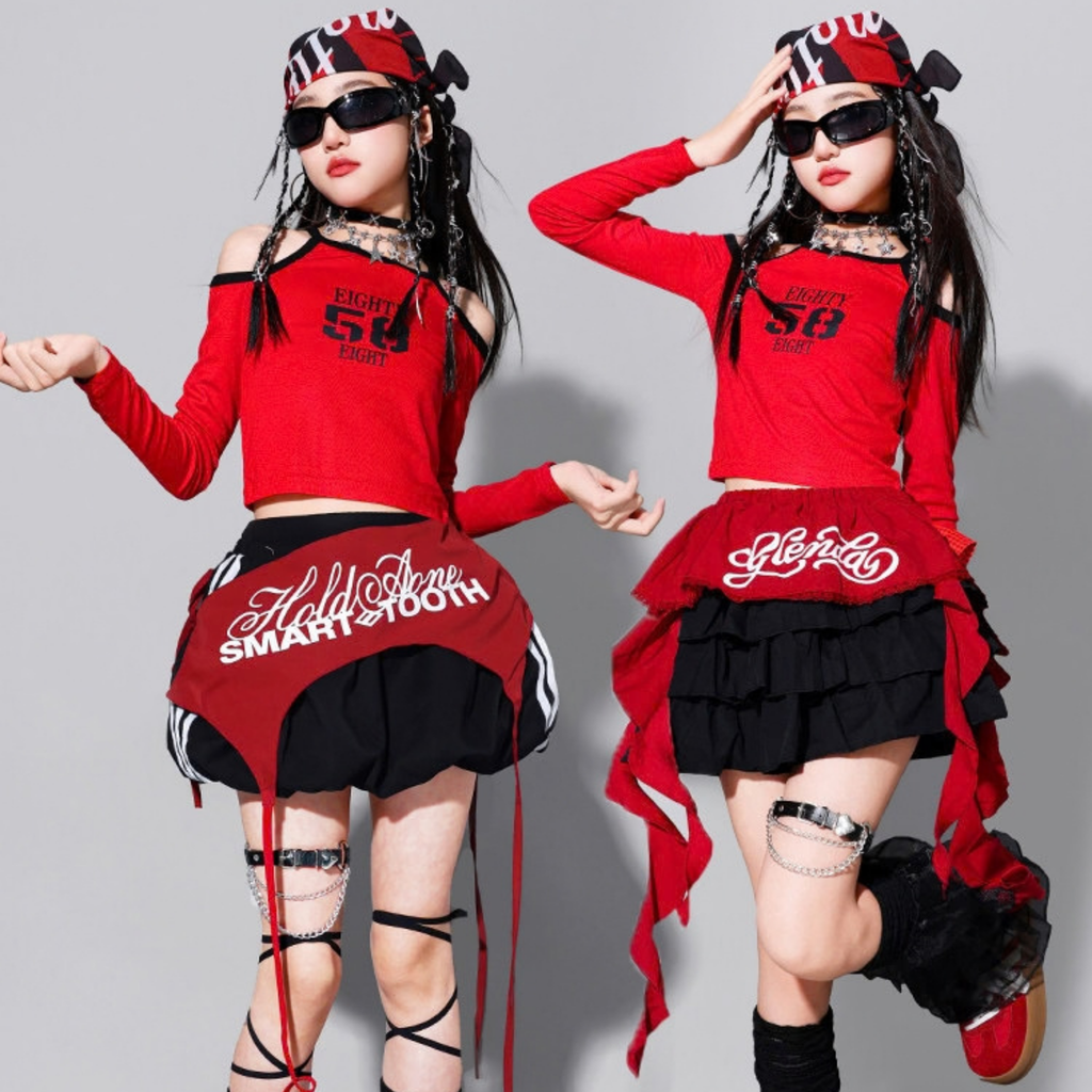 GIRLS レッド58グラフィック ティアードスカートセットアップ キッズダンス衣装｜商品イメージ8｜RAQS LUMINA