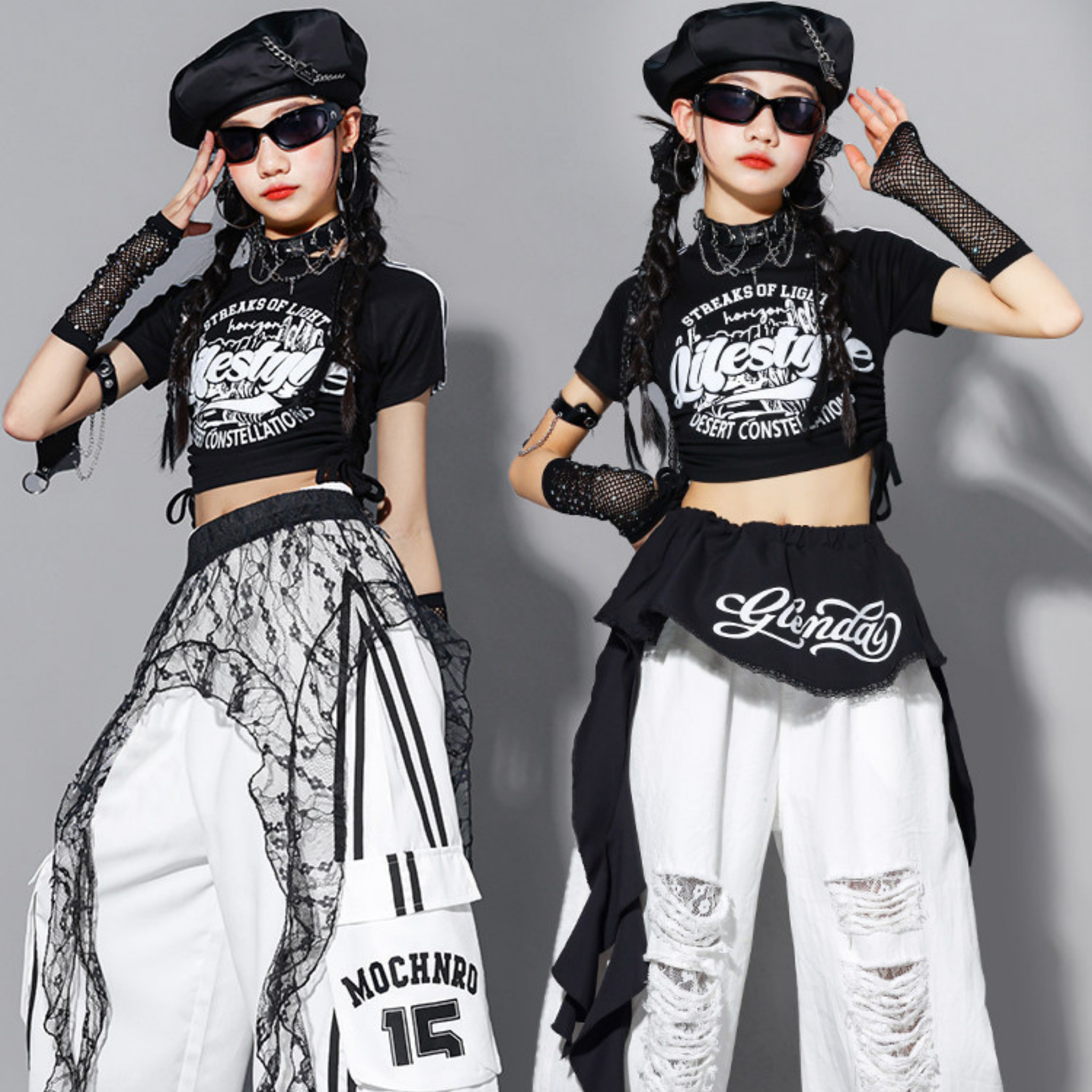 HIPHOP ブラックロゴ ホワイトワイドパンツセットアップ キッズダンス衣装