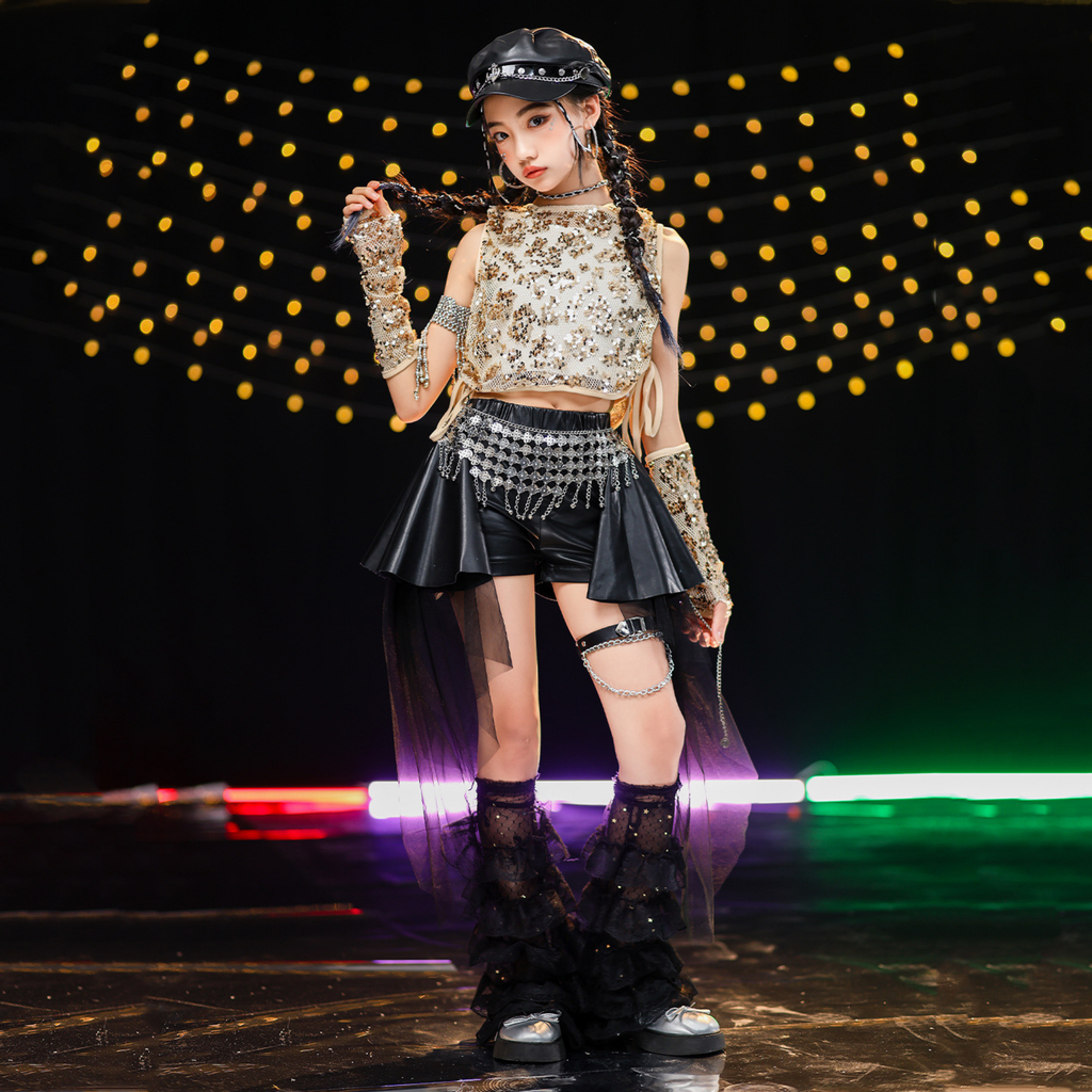 K-POP ゴールドスパンコール スカートパンツセットアップ キッズダンス衣装