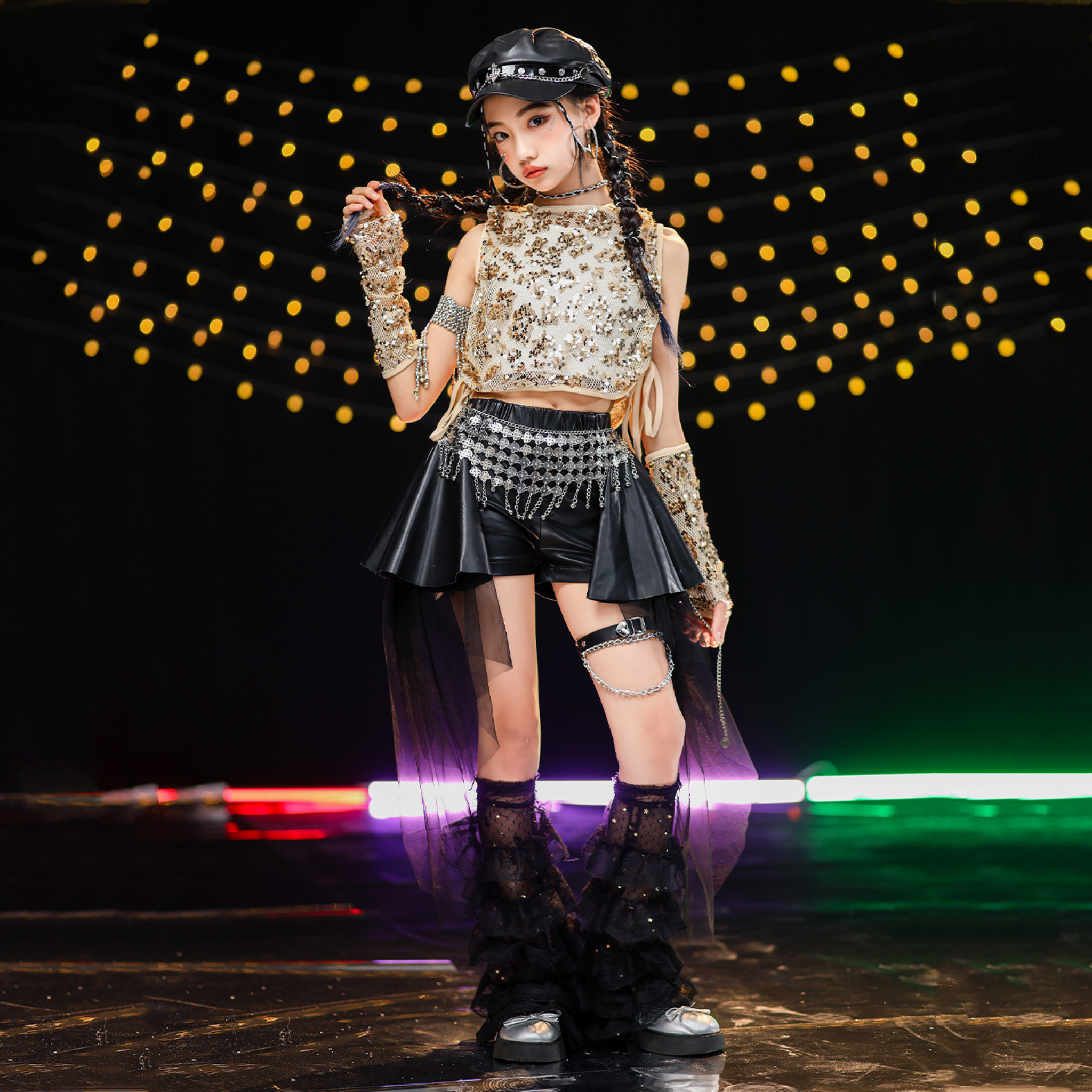 K-POP ゴールドスパンコール スカートパンツセットアップ キッズダンス衣装