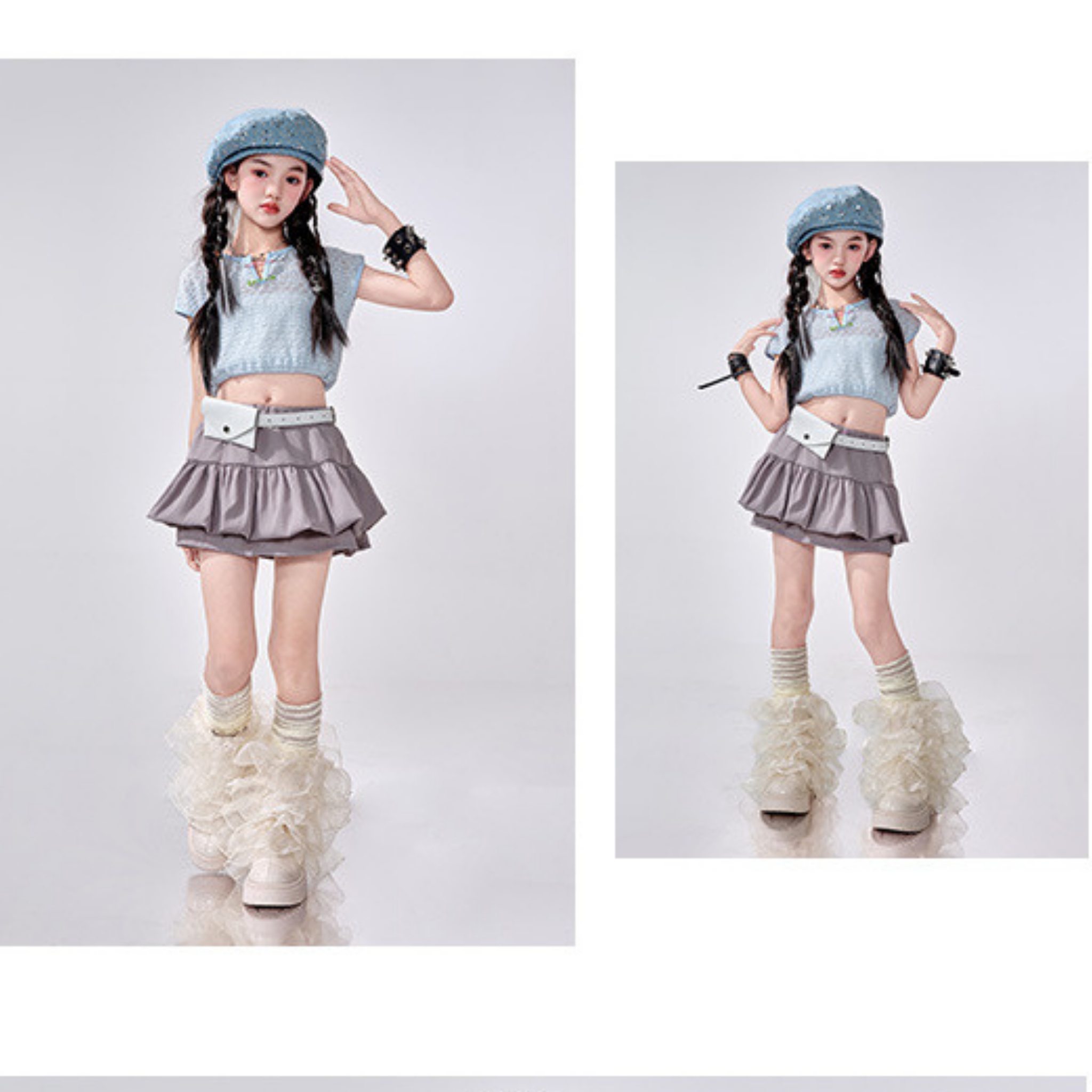 K-POP アイスブルーニット ティアードスカートセットアップ キッズダンス衣装
