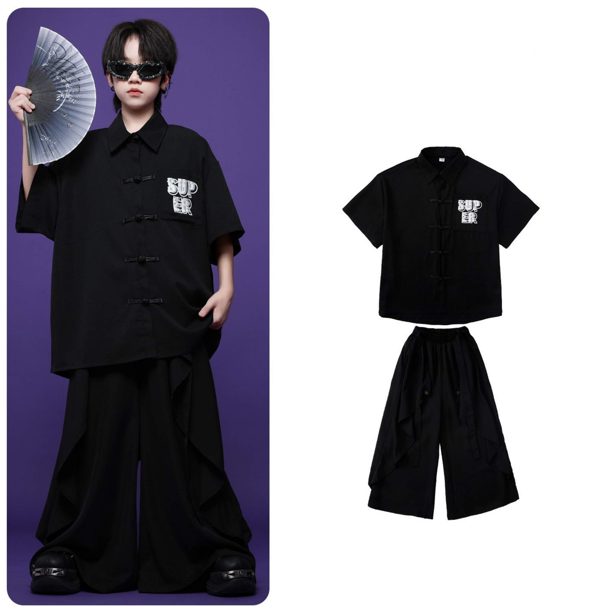 HIPHOP ブラックチャイナボタン ワイドパンツセットアップ キッズダンス衣装