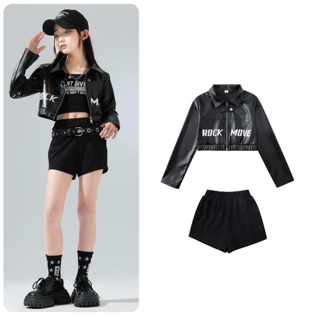 GIRLS ブラックレザーライク ショートパンツセットアップ キッズダンス衣装