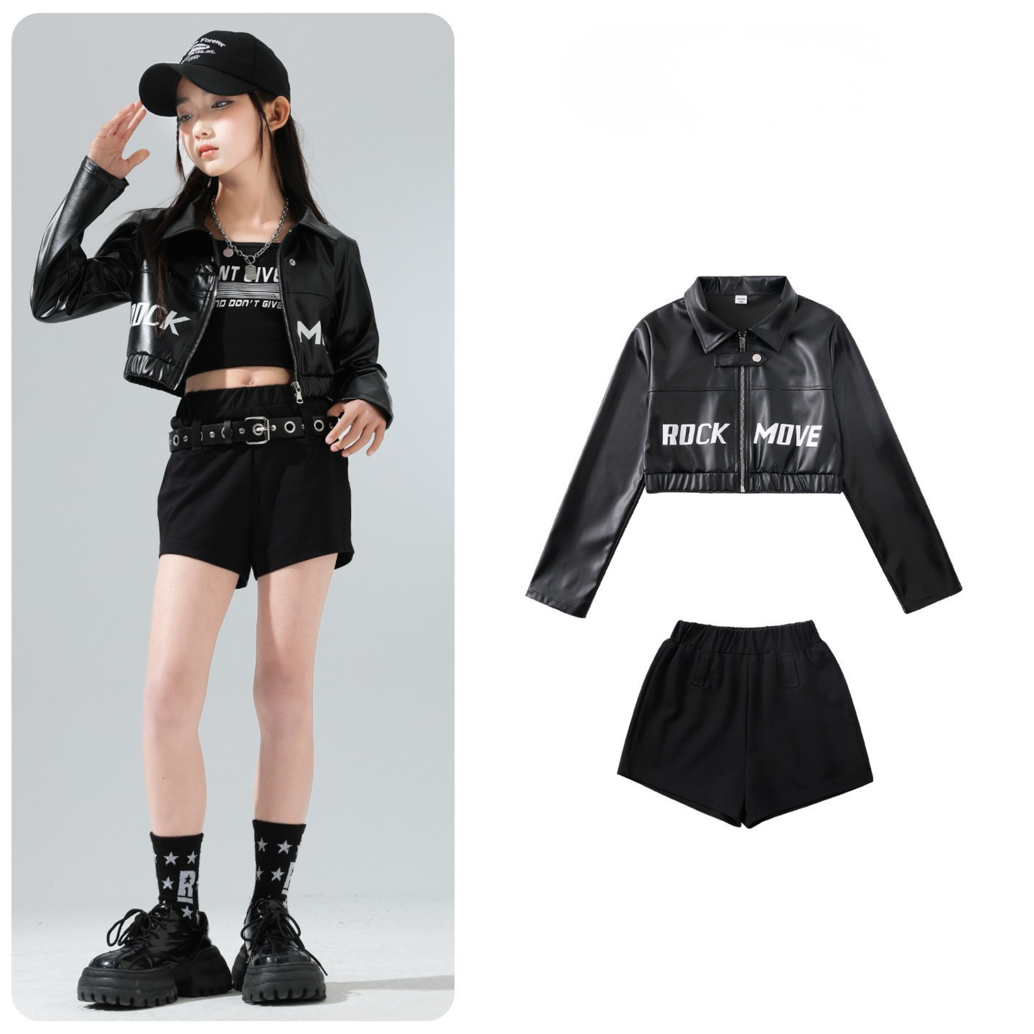 GIRLS ブラックレザーライク ショートパンツセットアップ キッズダンス衣装