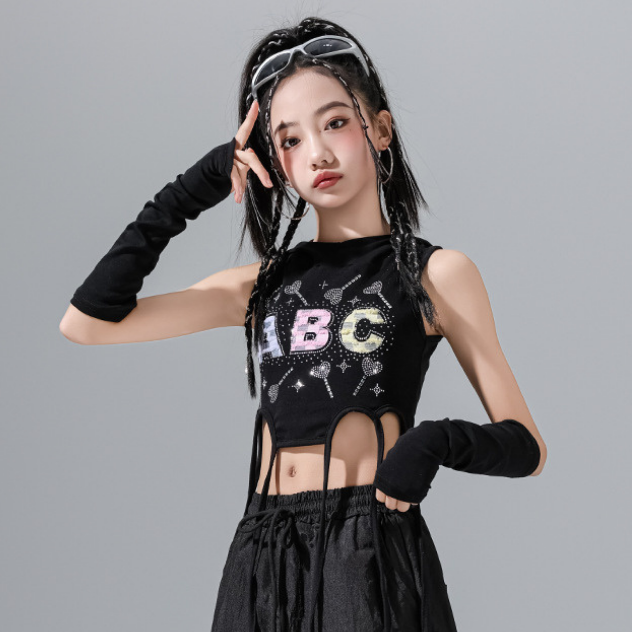 HIPHOP ABCグリッター ワイドパンツセットアップ キッズダンス衣装