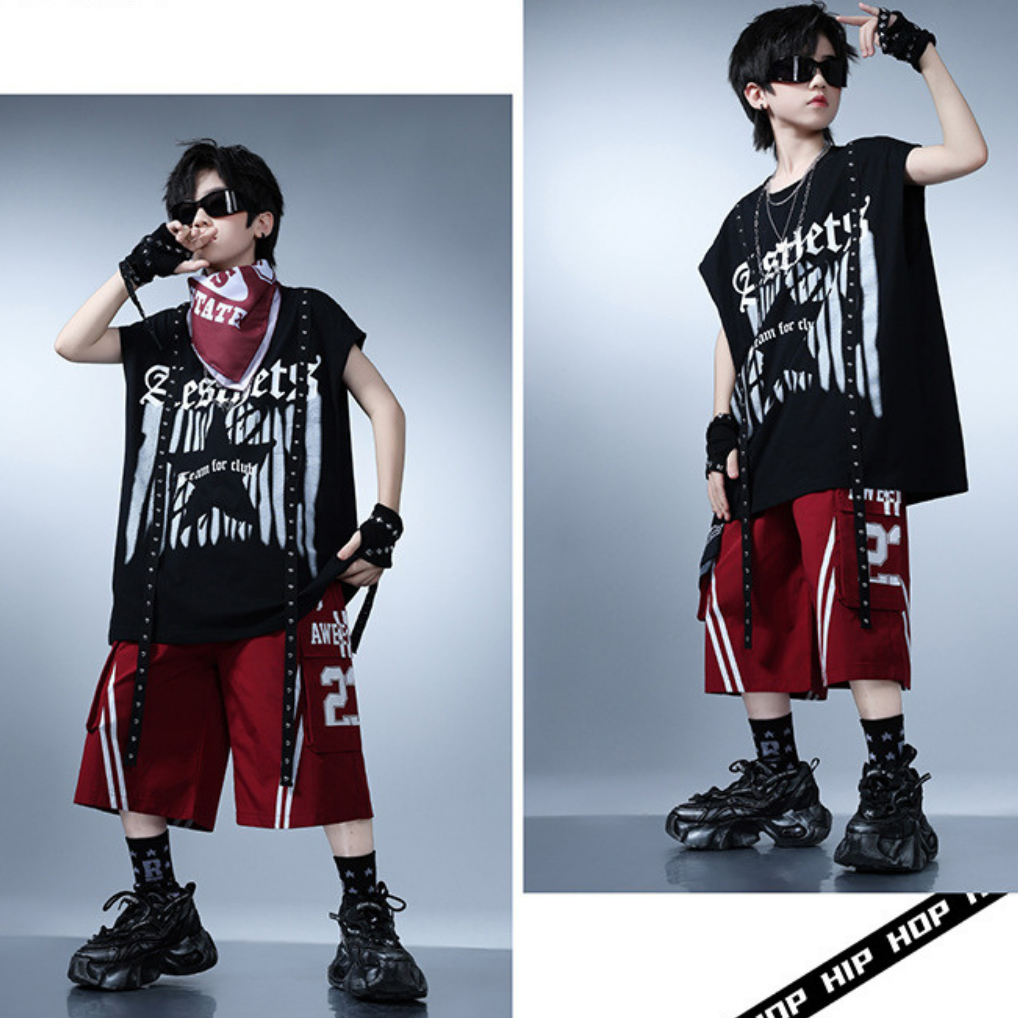 HIPHOP ブラックスタッズ レッドセットアップ キッズダンス衣装
