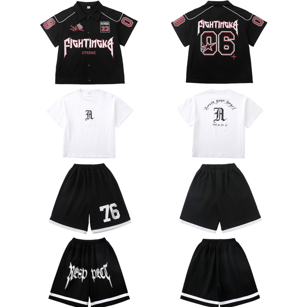 HIPHOP ブラックナンバー ハーフパンツセットアップ キッズダンス衣装