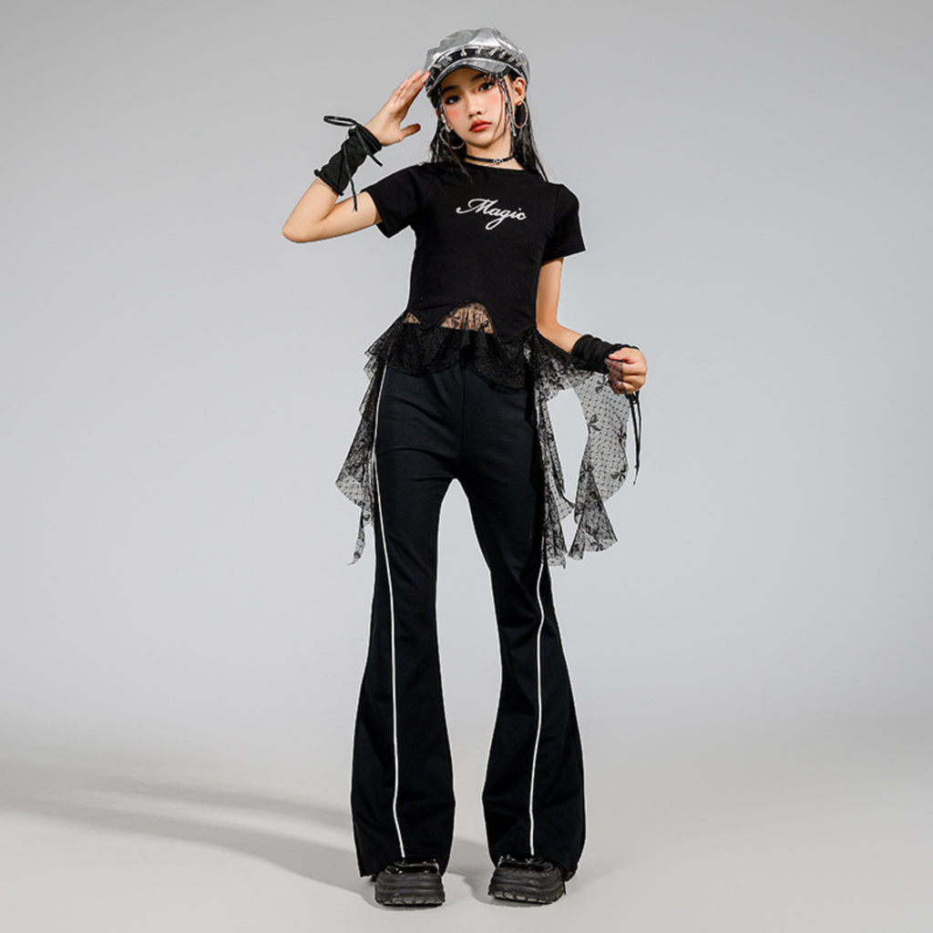 K-POP ブラックドットチュール フレアパンツセットアップ キッズダンス衣装