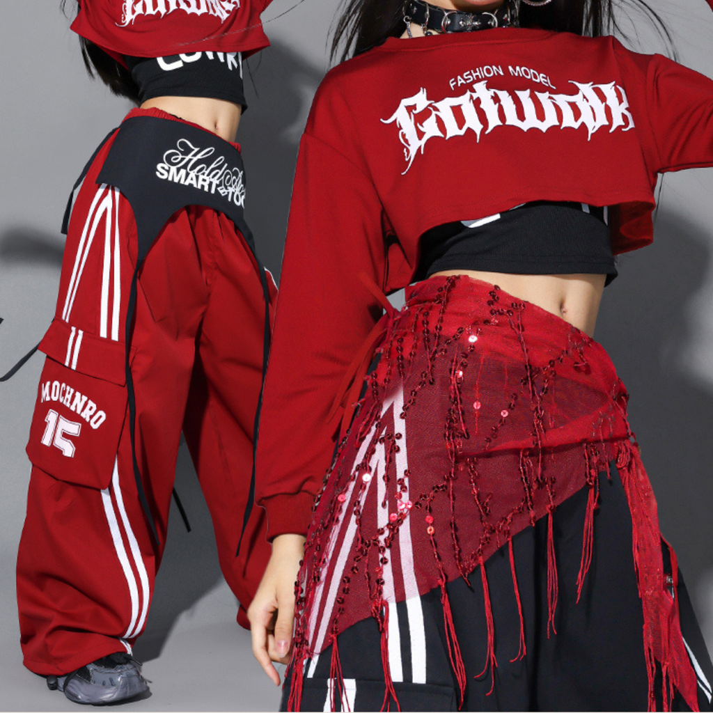 HIPHOP レッドブラック カーゴパンツセットアップ キッズダンス衣装