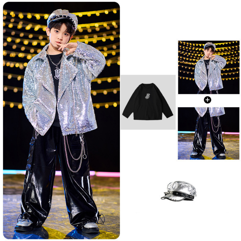 STREET シルバースパンコール ブラックセットアップ キッズダンス衣装