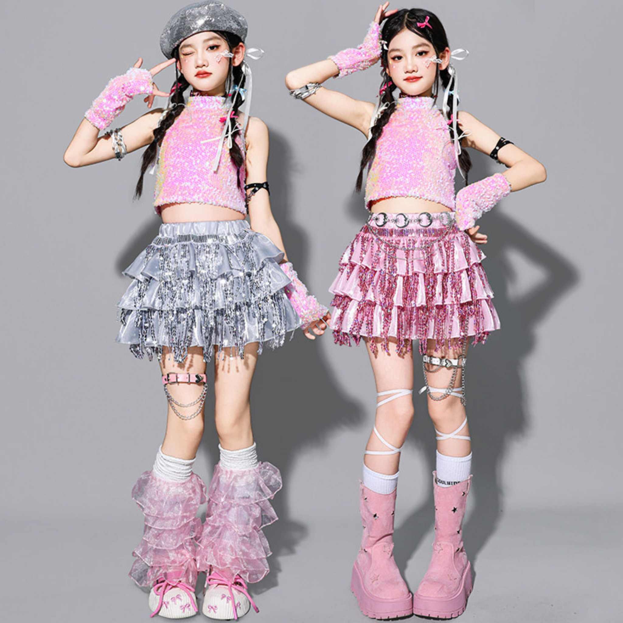 GIRLS ピンクシルバー スパンコールフリルセットアップ キッズダンス衣装