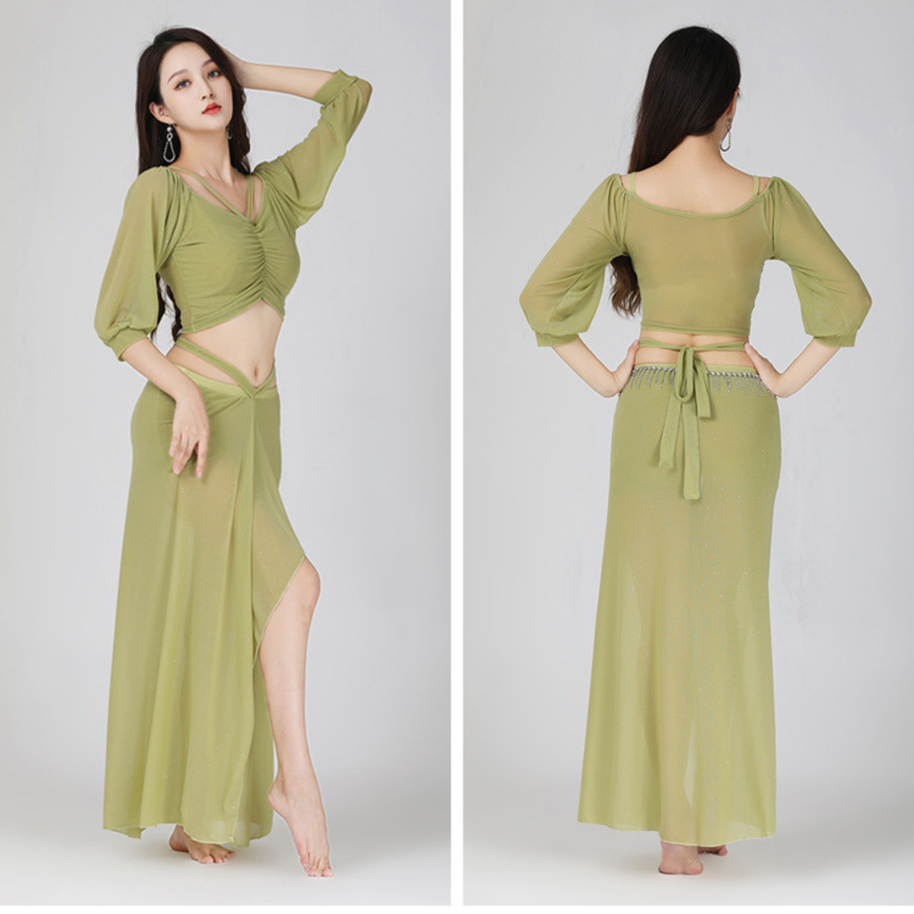 ベリーダンス　レッスンウェア　ラメ　メッシュ　ランタンスリーブ