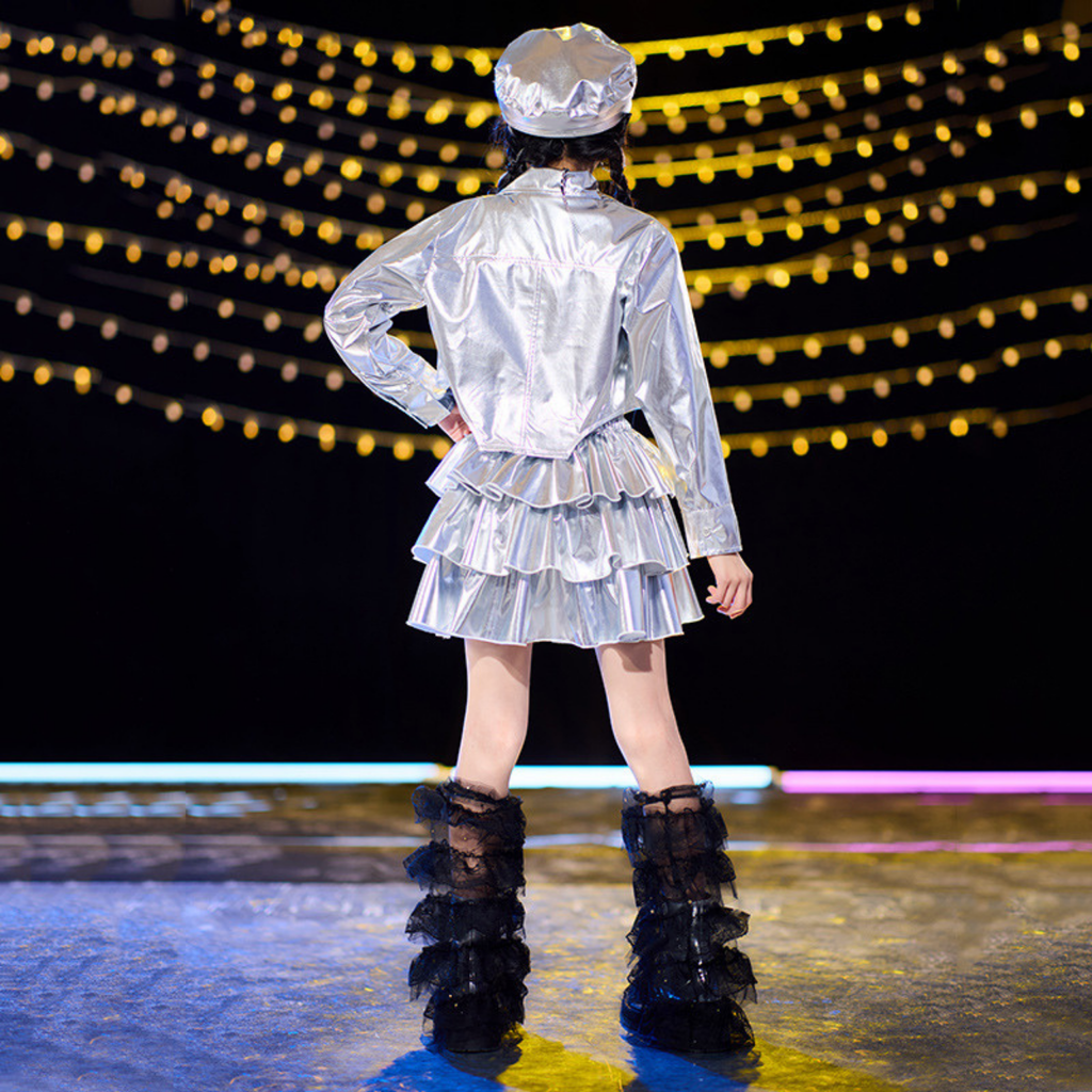 K-POP メタリックシルバー プリーツスカートセットアップ キッズダンス衣装