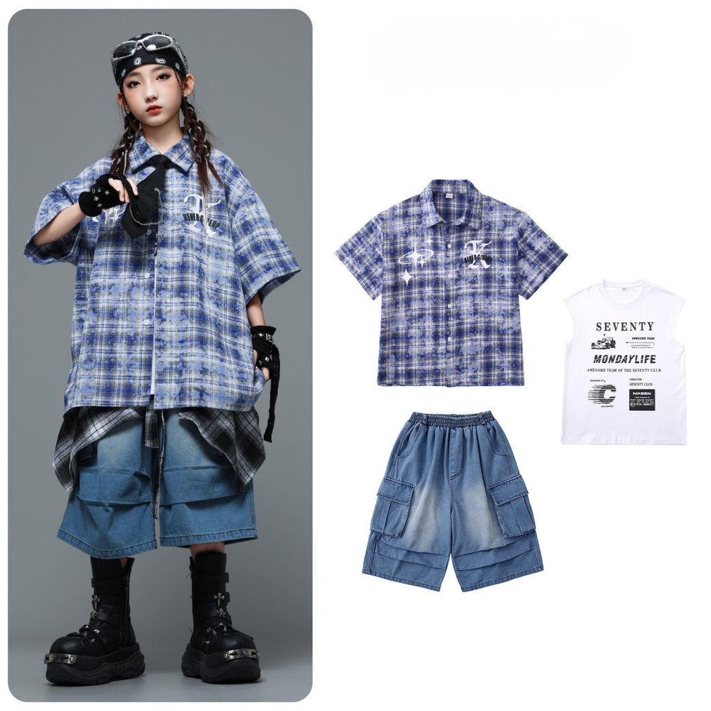HIPHOP チェックシャツ デニムハーフパンツセットアップ キッズダンス衣装
