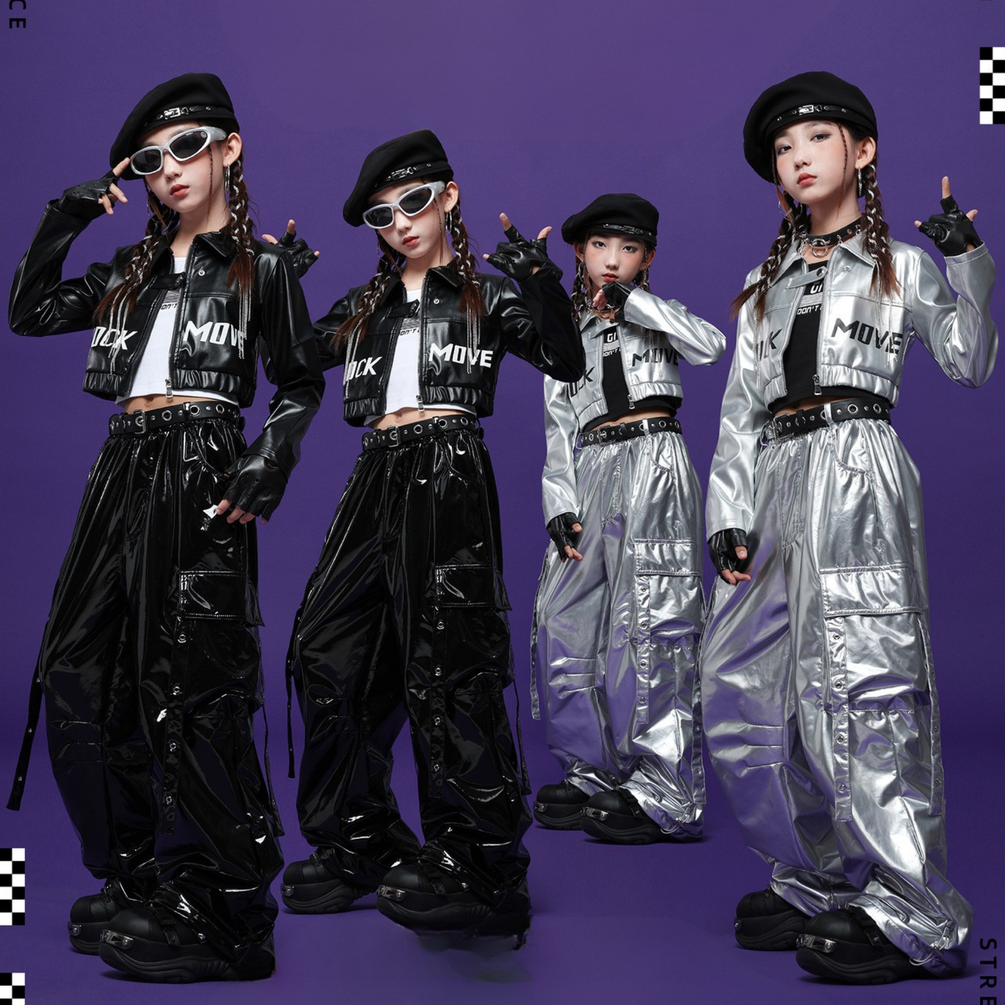 HIPHOP メタリックレザー カーゴセットアップ キッズダンス衣装