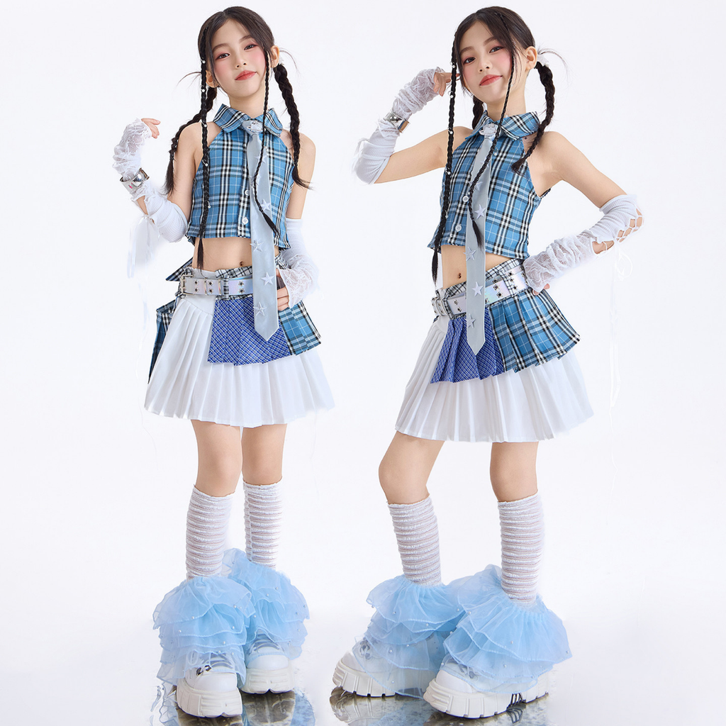 GIRLS ブルーチェック プリーツスカートセットアップ キッズダンス衣装